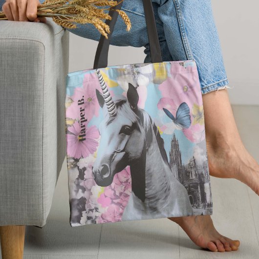 Tote Bag Retro Coquette Pink et Blue Unicorn Collage