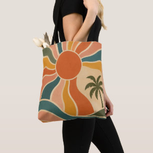 Tote Bag Rétro Coucher de Soleil Vagues et Palmiers des Ann