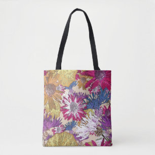 Tote Bag Rétro, floral, fleurs rouges, bouquet, fleurs bleu