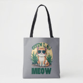 Tote Bag Rétro "Green is the New Meow" Cool Chat Nature Art (Devant)