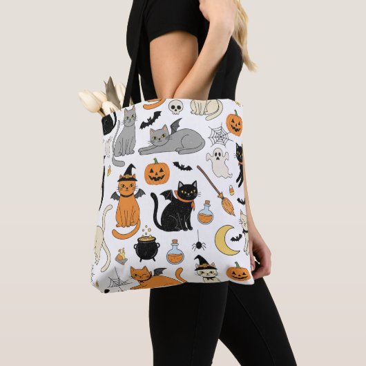 Tote Bag Retro Halloween Amoureux de les chats Trick-or-Tre (De près)