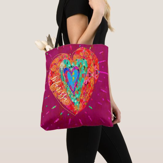 Tote Bag Rétro Hippie rose Turquoise Nom du coeur (De près)
