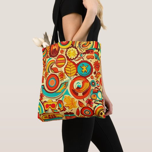 Tote Bag Retro les années 70 Super Automne Éléments Motif (De près)