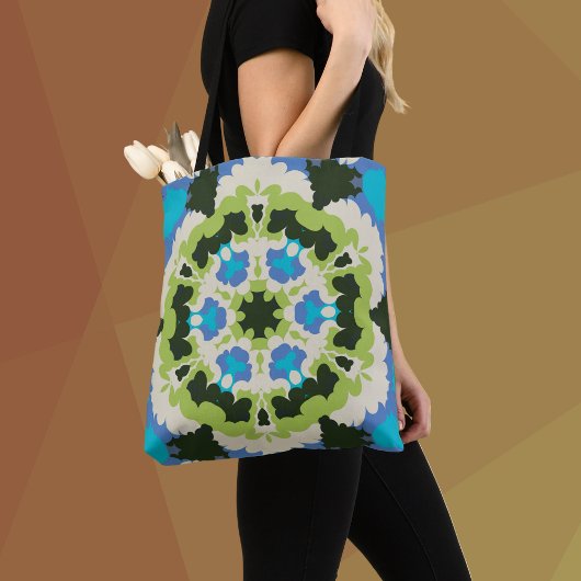 Tote Bag Retro Mandala bleu vert blanc et noir