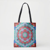 Tote Bag Retro Mandala Flower Blue Rouge et Turquoise (Devant)