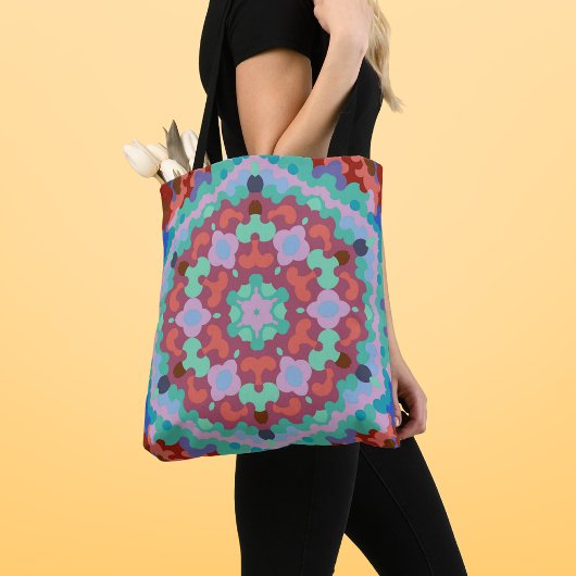 Tote Bag Retro Mandala Flower Blue Rouge et Turquoise