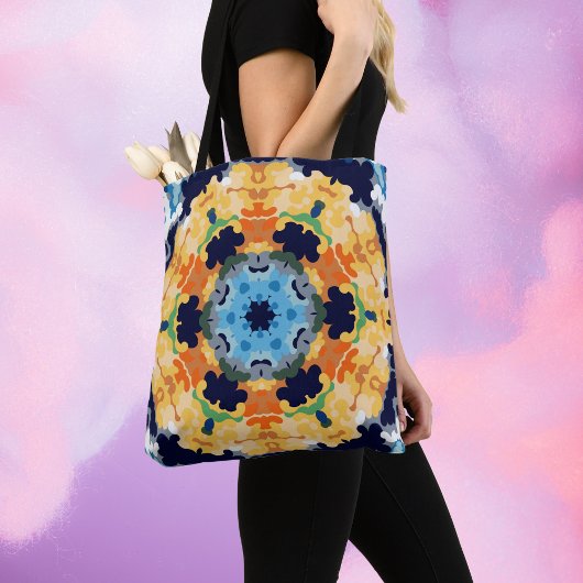 Tote Bag Rétro Mandala jaune bleu et orange
