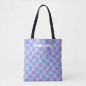 Tote Bag Retro Mod Abstrait Checkerboard Blue Purple Name (Devant)
