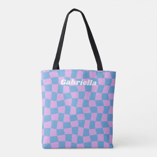 Tote Bag Retro Mod Abstrait Checkerboard Blue Purple Name (Dos)