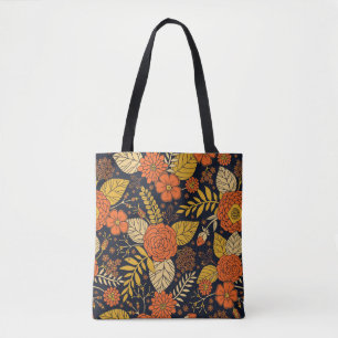 Tote Bag Rétro motif floral orange, jaune, Brown, et de