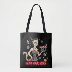 Tote Bag Rétro Pin-Up Chat Atomique "Happy Hour, Chérie"