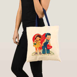 Tote Bag Rétro Saint-Valentin, cœurs de fille et de garçon