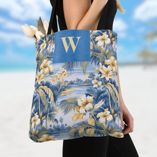 Tote Bag Retro Yellow Blue Floral n Tropical Palms Initial 