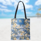 Tote Bag Retro Yellow Blue Floral n Tropical Palms Initial 