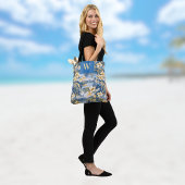 Tote Bag Retro Yellow Blue Floral n Tropical Palms Initial 