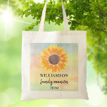 Tote Bag Réunion de famille personnalisée<br><div class="desc">Ce sac fourre-tout familial de la Réunion est décoré d'un tournesol jaune sur un arrière - plan coloré d'aquarelle. Facile à personnaliser. Utilisez l'option Personnaliser supplémentaire pour modifier la taille, le style ou la couleur du texte. Parce que nous créons notre propre oeuvre, vous ne trouverez pas cette image exacte...</div>