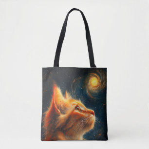 Tote Bag Rêveur Cosmique Chat roux contemplant les étoile