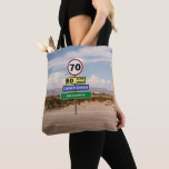 Tote Bag Road Trip 70th Birthday Funny Signes Ajouter Votre<br><div class="desc">Drôle road trip signe le sac fourre-tout du shopping pour ceux qui fêtent un 70ème anniversaire. Inspiré par des panneaux routiers,  conçu pour élever un chuckle. Ajoutez facilement le nom dont vous avez besoin au signe vert à l'aide du modèle fourni.</div>