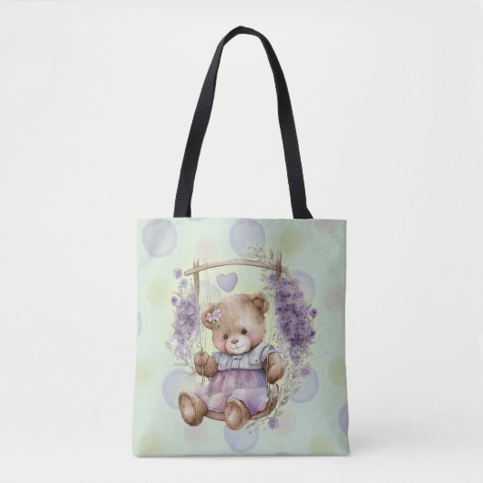Tote Bag Robe Brown Teddy Bear Swing Lavender (Devant)