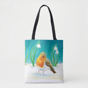 Tote Bag Robin rouge (Erithacus rubecula) et Snowdrops blan