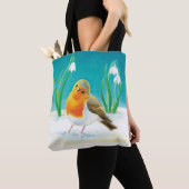 Tote Bag Robin rouge (Erithacus rubecula) et Snowdrops blan (De près)