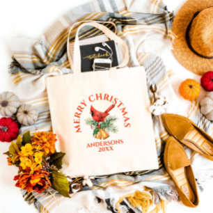 Tote Bag Robin rouge ornements de Noël et texte
