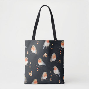Tote Bag Robins, baies de rowan, motif d'aquarelle d'hiver.