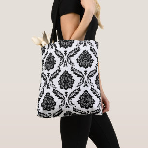 Tote Bag Rococo Damassé Grand Motif Noir sur Blanc