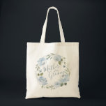 Tote Bag Romantic dusty blue floral mother of the groom tot<br><div class="desc">Modern mother of the groom script with watercolor floral wreath in dusty blue and sage green,  elegant and romantic,  cute mother of the groom tote tote tote bagdad.</div>