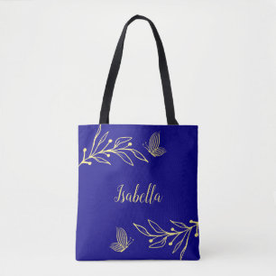 Tote Bag Romantique élégant or fleur bleu royal