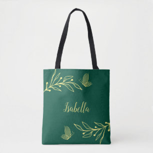 Tote Bag Romantique élégant or fleur vert émeraude