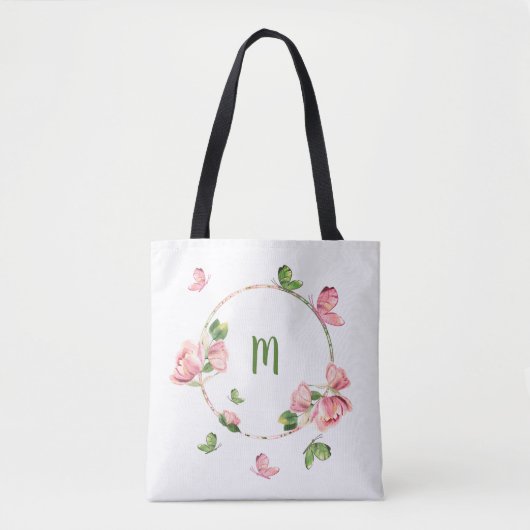 Tote Bag Romantique fleurs roses verdure (Devant)