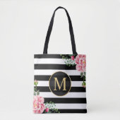 Tote Bag Romantique Floral noir rayures blanches Monogramme (Devant)
