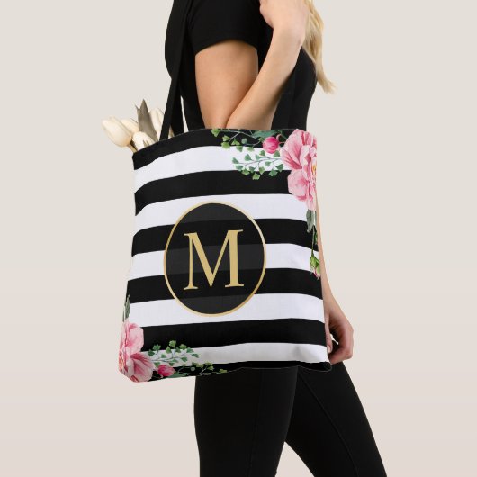 Tote Bag Romantique Floral noir rayures blanches Monogramme (De près)