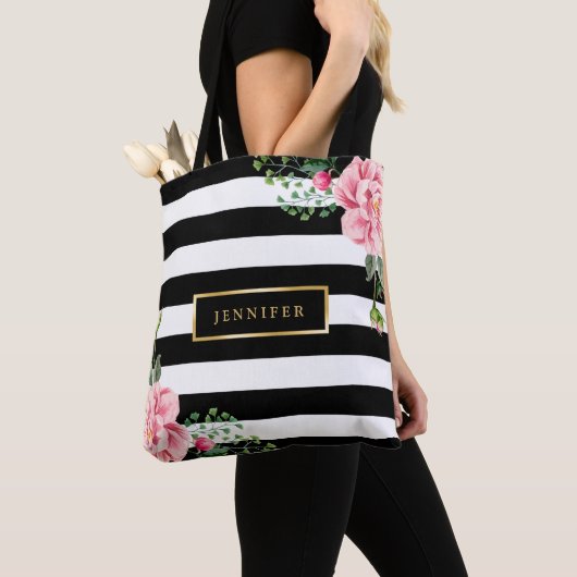 Tote Bag Romantique rose Floral Noir Blancs (De près)