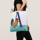 Tote Bag Rooster Rustique Grand Monogramme Pois Turquoises (De près)