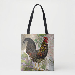 Tote Bag Rooster vintage Français Collage Ferme Animaux dom