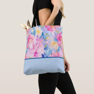 Tote Bag Rose, bleu Abstrait Aquarelle Fleurs Couleur Bloc