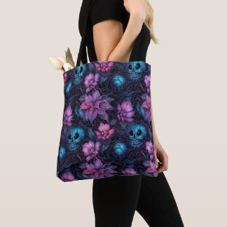 TOTE BAG ROSE BLEUE PURPLE GOTHIQUE HALLOWEEN SKULLS WEB