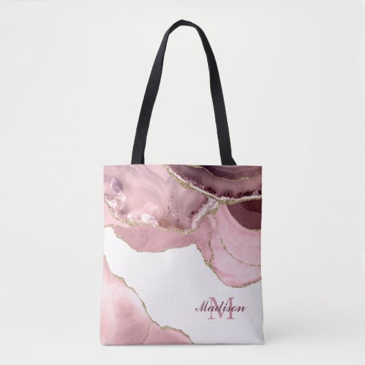 Tote Bag Rose Blush et Gilt Pailleté Agate Monogramme (Devant)