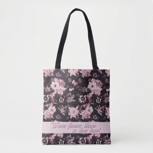 Tote Bag Rose brillant dans le noir - version textée (Devant)
