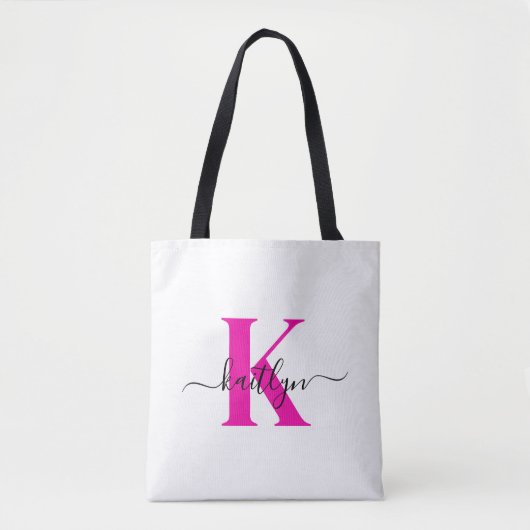 Tote Bag Rose Chaud Noir Nom Initial Monogrammé (Devant)