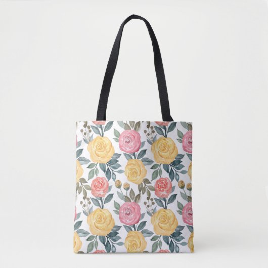 Tote Bag Rose d'aquarelle rose et jaune (Devant)