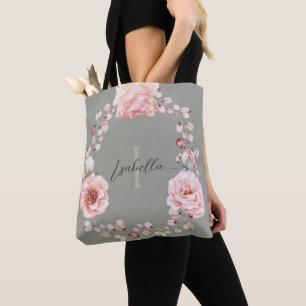 Tote Bag Rose d'aquarelle Wreath personnalisée Vert sage