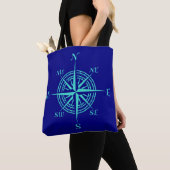 Tote Bag Rose De Boussole Turquoise Sur Décor Côtier Bleu M (De près)