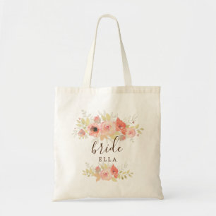 Tote Bag Rose de corail rose et Feuille d'or Floral Bride