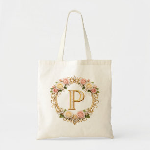 Tote Bag Rose Doré Fleurie Monogramme Lettre P Mariage
