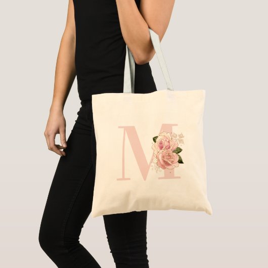 Tote Bag Rose doré pailleté girly Blush floral Monogramme (Devant (produit))