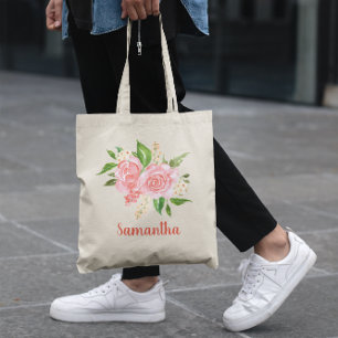 Tote Bag Rose en aquarelle rose corail personnalisée