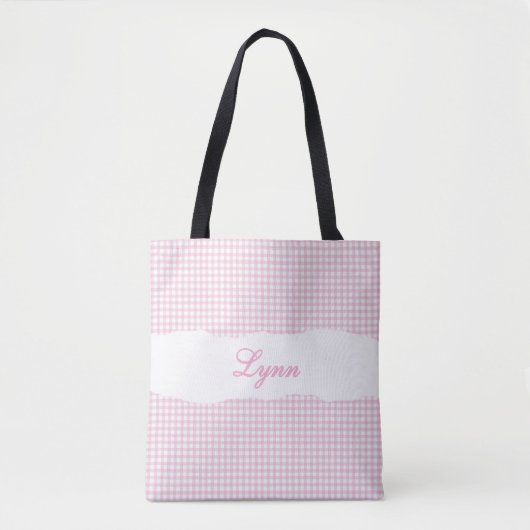 Tote Bag Rose et Blanc Gingham Classique | Nom Personnalisé (Devant)